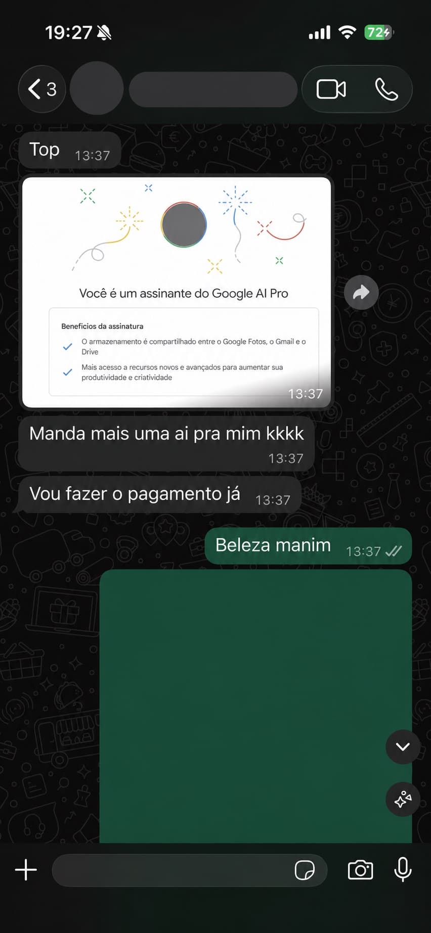 Conversa real mostrando a confirmação da assinatura Google AI Pro
