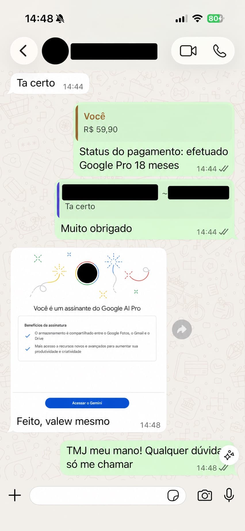 Conversa real de cliente agradecendo após concluir a ativação