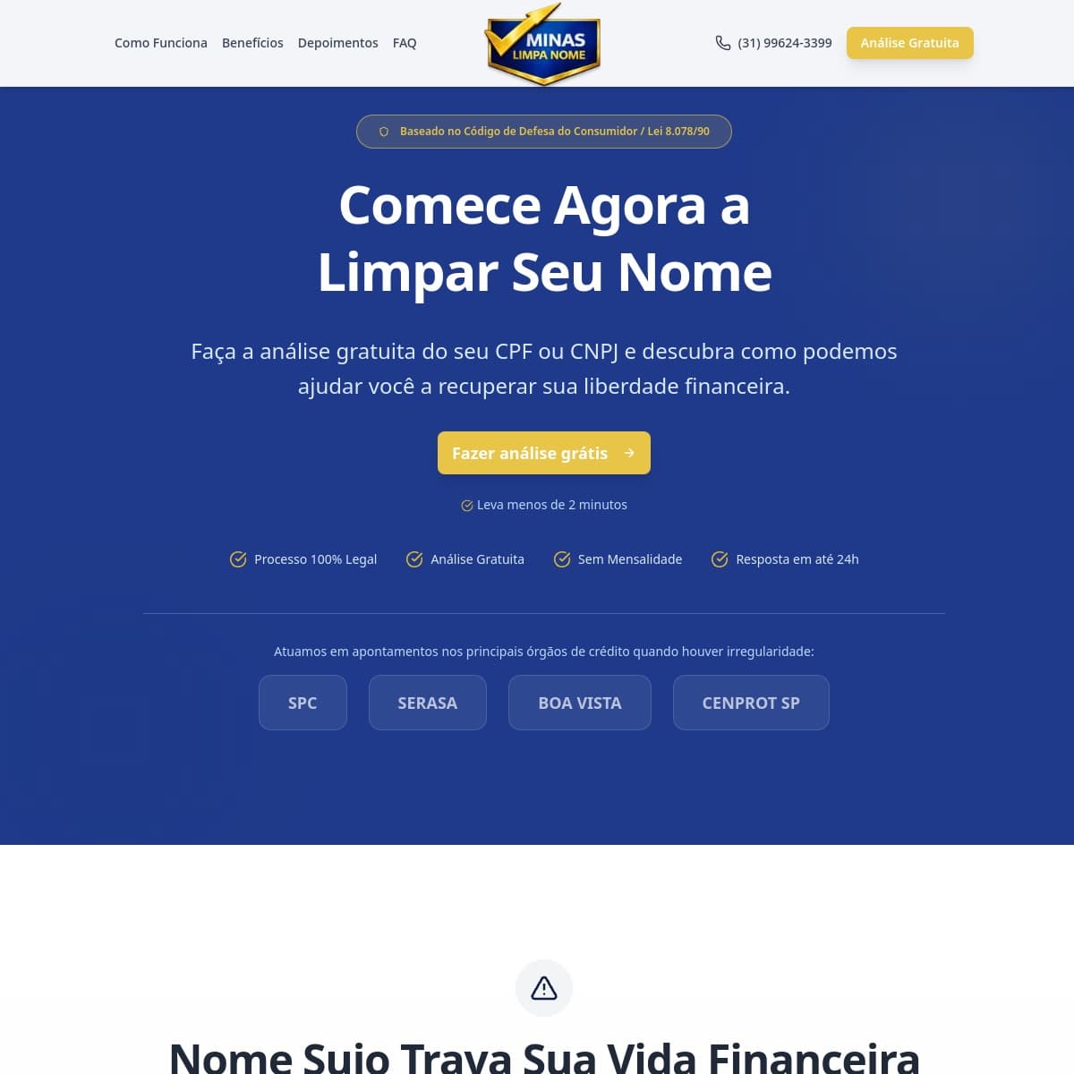 Página inicial do projeto Minas Limpa Nome