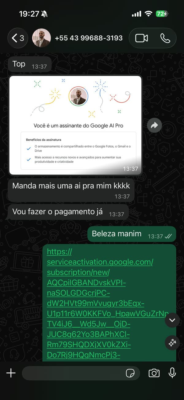Depoimento 2: cliente mostrando a ativação concluída do Google AI Pro
