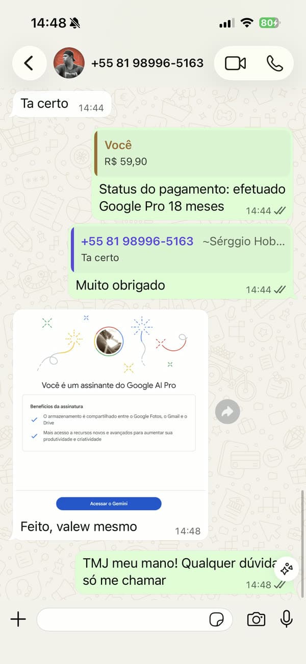 Testimonio 3: cliente mostrando la activación completada de Google AI Pro
