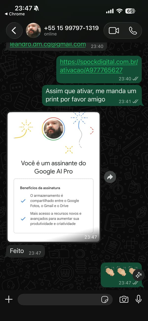 Depoimento 8: cliente mostrando a ativação concluída do Google AI Pro