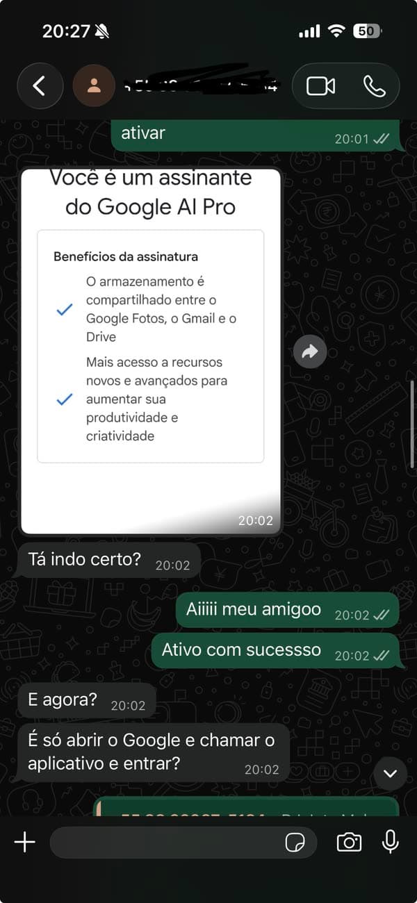 Depoimento 19: cliente mostrando a ativação concluída do Google AI Pro