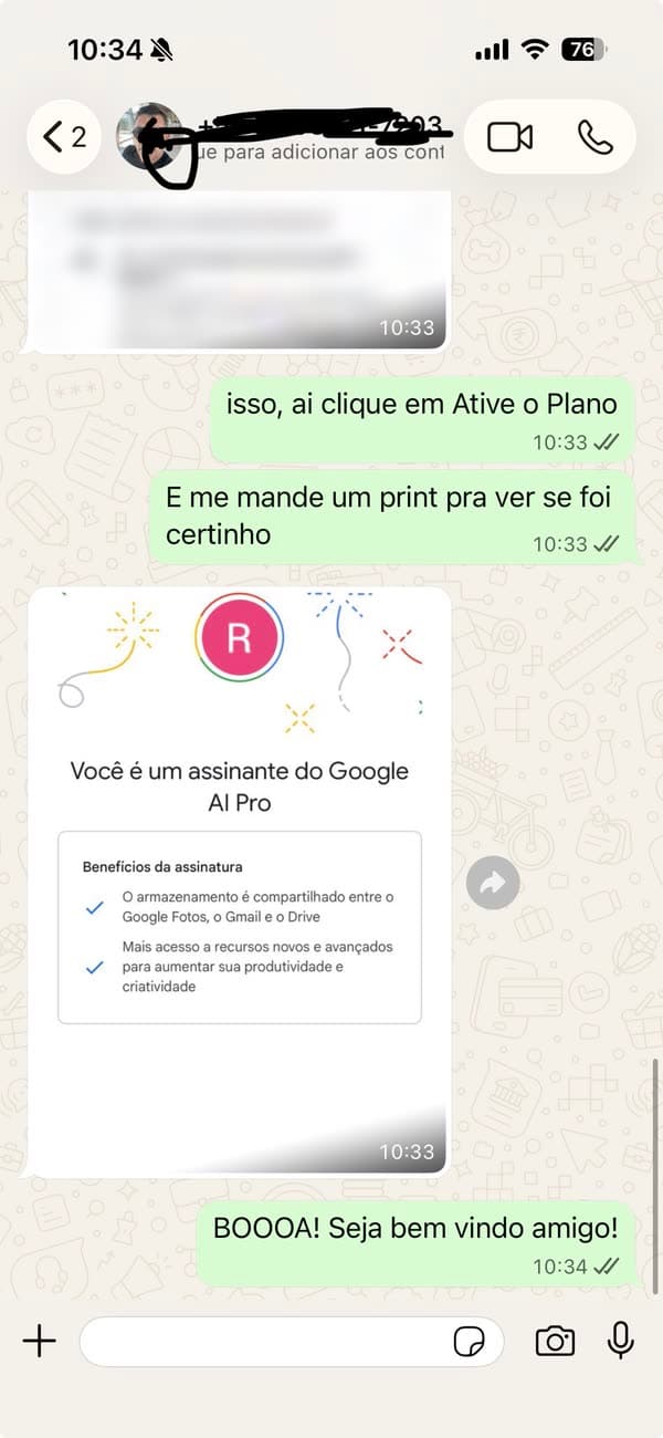 Depoimento 21: cliente mostrando a ativação concluída do Google AI Pro