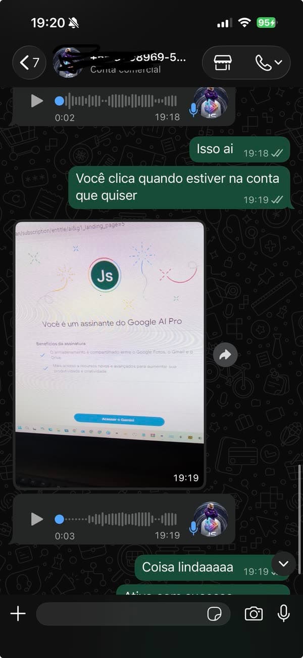 Depoimento 24: cliente mostrando a ativação concluída do Google AI Pro