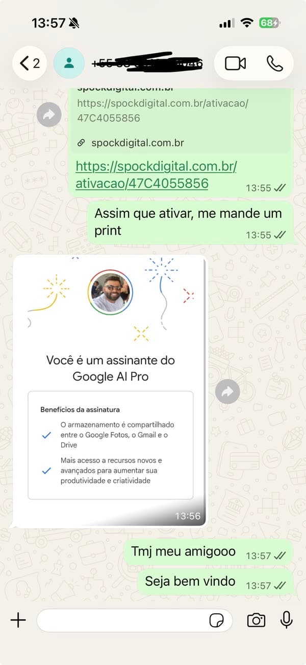 Depoimento 26: cliente mostrando a ativação concluída do Google AI Pro