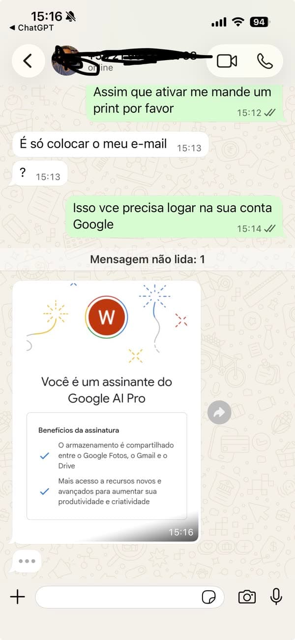 Depoimento 27: cliente mostrando a ativação concluída do Google AI Pro