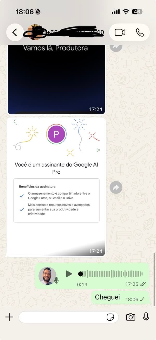 Depoimento 28: cliente mostrando a ativação concluída do Google AI Pro