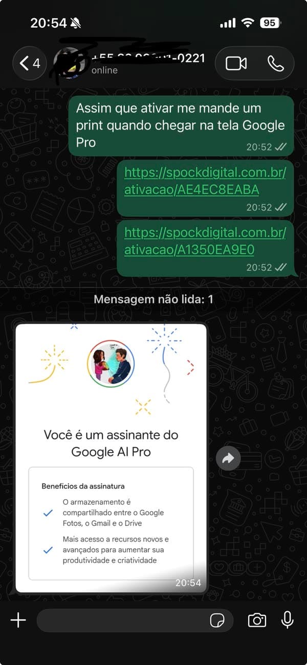 Depoimento 33: cliente mostrando a ativação concluída do Google AI Pro