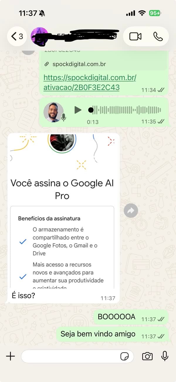 Depoimento 36: cliente mostrando a ativação concluída do Google AI Pro