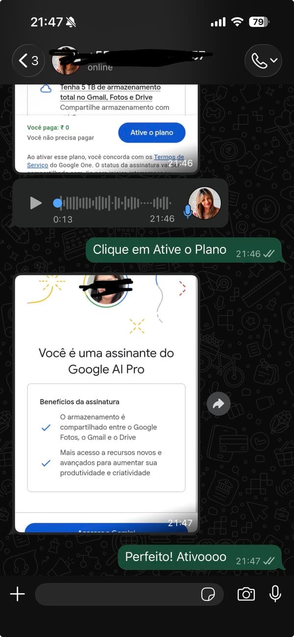 Depoimento 37: cliente mostrando a ativação concluída do Google AI Pro