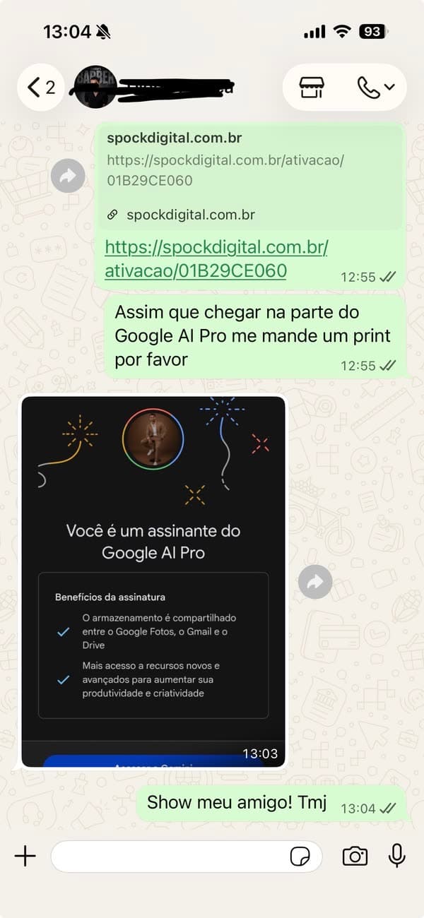 Testimonio 40: cliente mostrando la activación completada de Google AI Pro